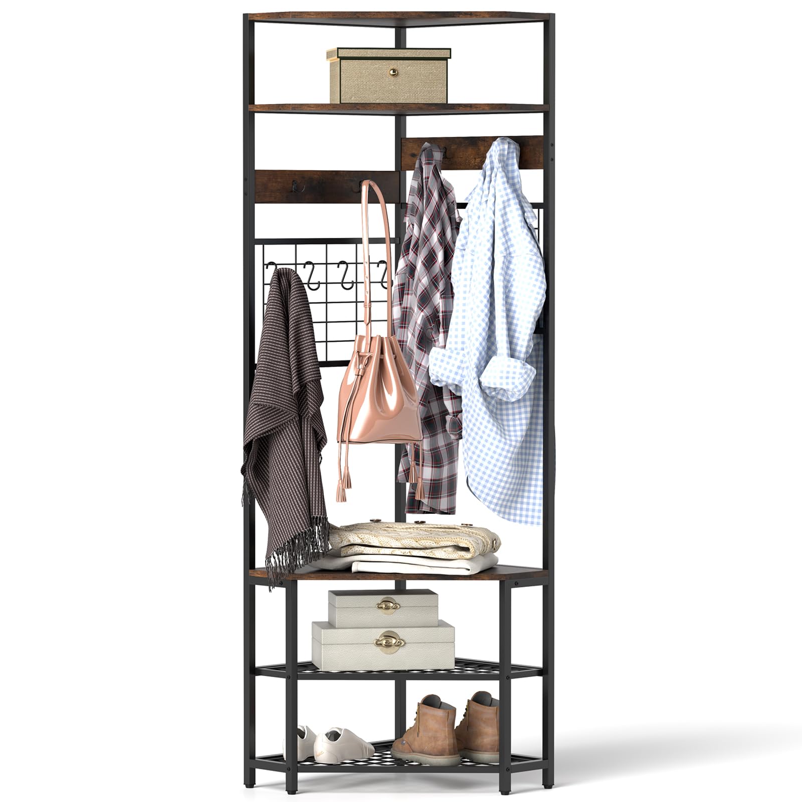 Tangkula 5-Tier Corner Hall Tree with Shoe Storage Bench